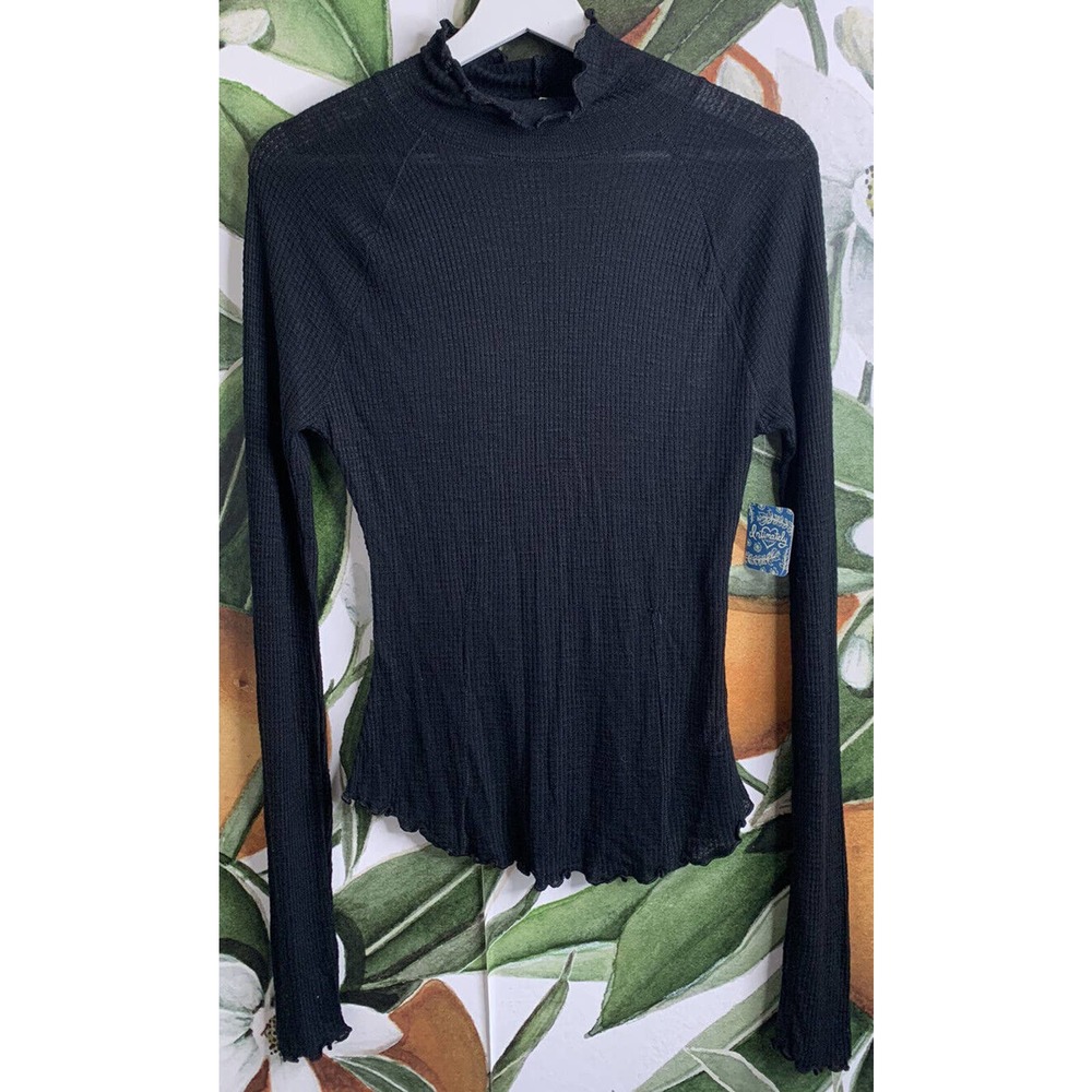 Free People Small Black Skyline Thermal Ribbed Ruffle Trim Mock Neck Top